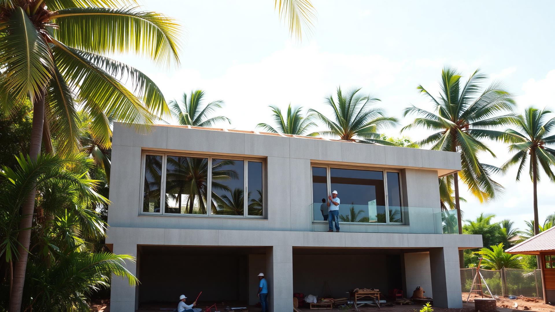 Chantier de construction en Guyane avec menuiseries aluminium